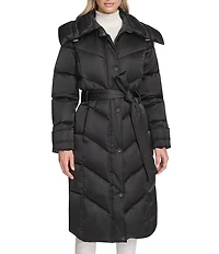 Andrew Marc Sport Palmer High Shine Satin Mix Pattern Oversize Collar Belted Water Resistant Puffer Coat