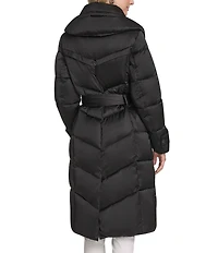 Andrew Marc Sport Palmer High Shine Satin Mix Pattern Oversize Collar Belted Water Resistant Puffer Coat