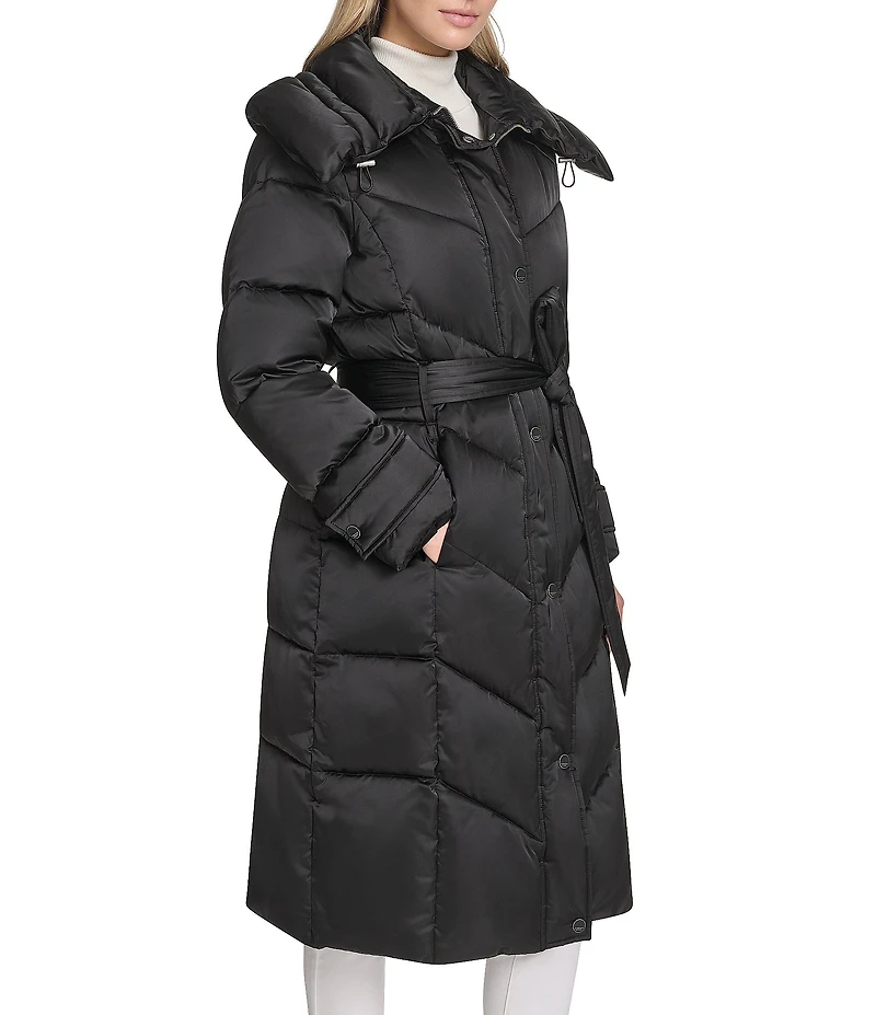 Andrew Marc Sport Palmer High Shine Satin Mix Pattern Oversize Collar Belted Water Resistant Puffer Coat