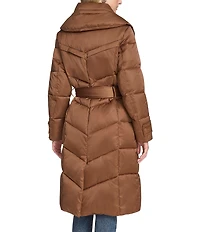 Andrew Marc Sport Palmer High Shine Satin Mix Pattern Oversize Collar Belted Water Resistant Puffer Coat