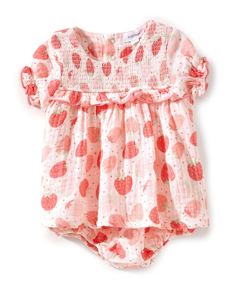 Angel Dear Baby Girls Strawberry Bliss Smocked Ruffle Bubble