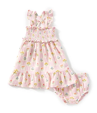Angel Dear Baby Girls Floral Check Smocked Ruffle Sundress & Diaper Cover