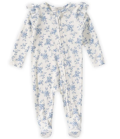 Angel Dear Baby Girls Baby Blue Vines Floral Long Sleeve Ruffle Footed Coverall