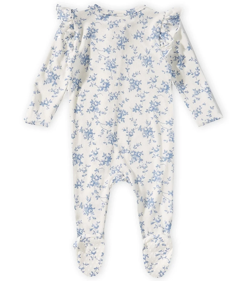 Angel Dear Baby Girls Baby Blue Vines Floral Long Sleeve Ruffle Footed Coverall