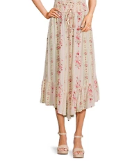 Angie Floral Printed Tie Trim Elastic Waist High-Low Skirt