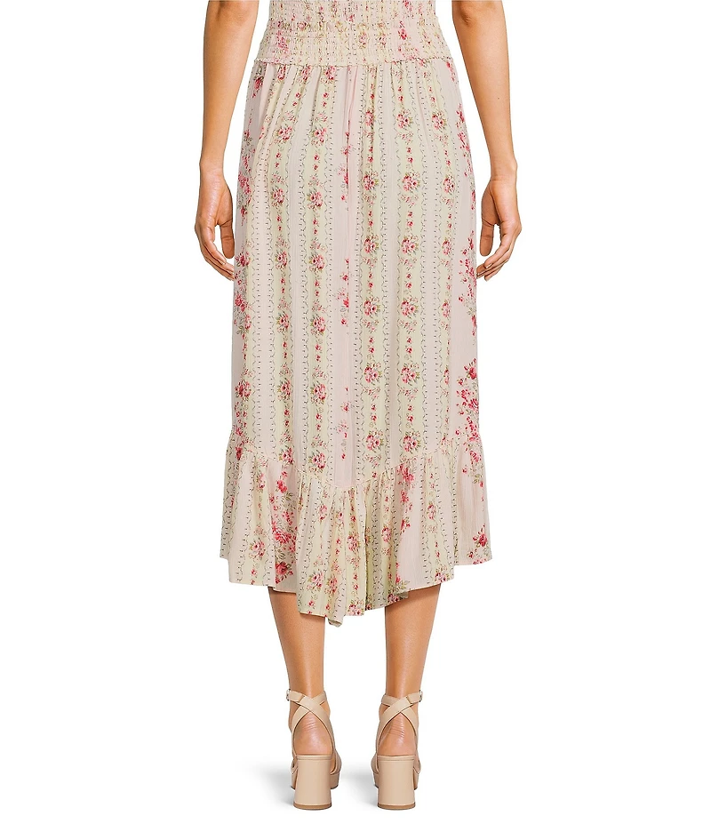 Angie Floral Printed Tie Trim Elastic Waist High-Low Skirt