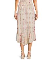 Angie Floral Printed Tie Trim Elastic Waist High-Low Skirt