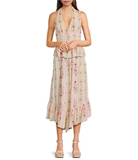 Angie Floral Printed Tie Trim Elastic Waist High-Low Skirt