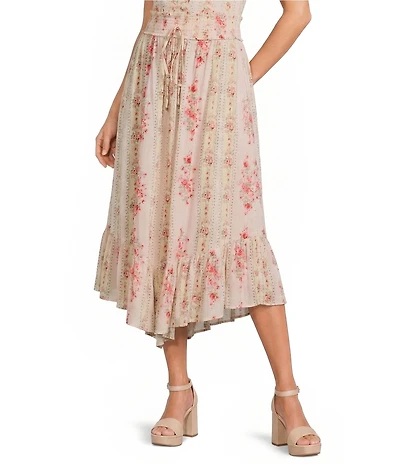 Angie Floral Printed Tie Trim Elastic Waist High-Low Skirt