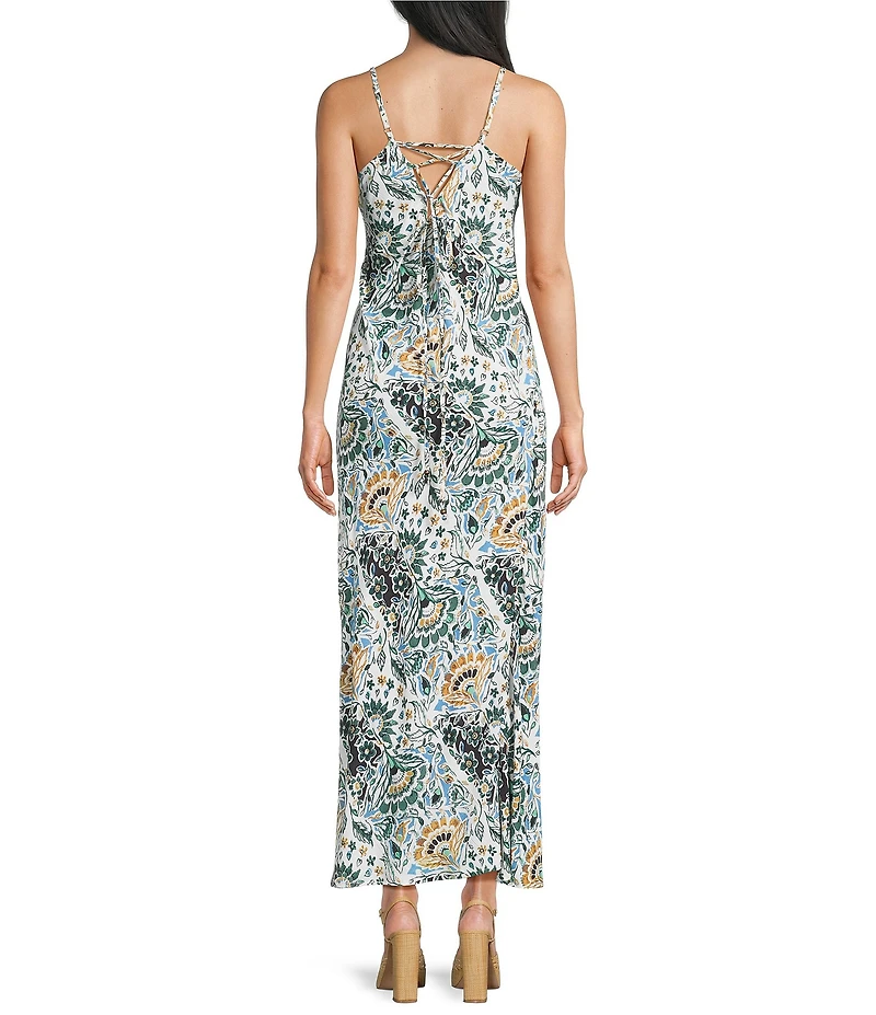 Angie Printed Square Neck Lace Up Back Front Slit Midi Dress