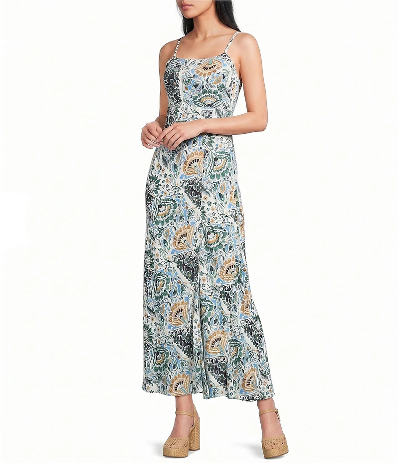 Angie Printed Square Neck Lace Up Back Front Slit Midi Dress