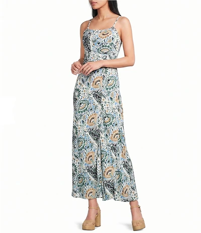 Angie Printed Square Neck Lace Up Back Front Slit Midi Dress