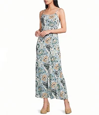 Angie Printed Square Neck Lace Up Back Front Slit Midi Dress