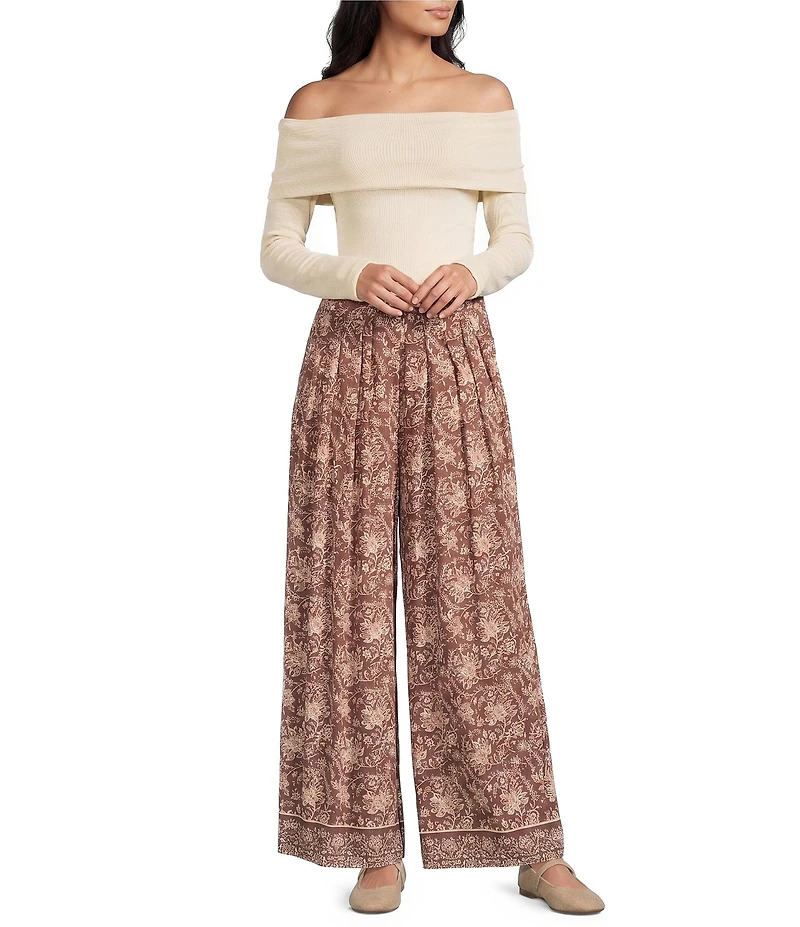Angie Boarder Print Mid Rise Pull-on Straight Leg Pleated Front Pants