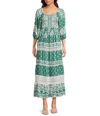 Angie Border Printed Square Neck 3/4 Sleeve Smock Bodice Crochet Trim Midi Dress