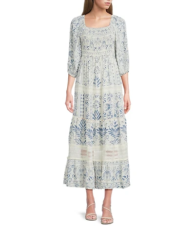 Angie Border Printed Square Neck 3/4 Sleeve Smocked Bodice Print Crochet Trim Midi Dress
