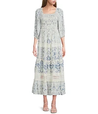 Angie Border Printed Square Neck 3/4 Sleeve Smocked Bodice Print Crochet Trim Midi Dress