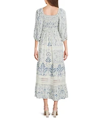 Angie Border Printed Square Neck 3/4 Sleeve Smocked Bodice Print Crochet Trim Midi Dress