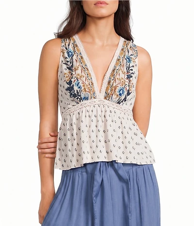 Angie Crochet Printed V-Neck Lace Trim Babydoll Top