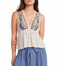 Angie Crochet Printed V-Neck Lace Trim Babydoll Top