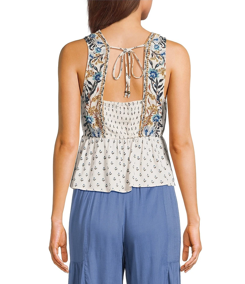Angie Crochet Printed V-Neck Lace Trim Babydoll Top