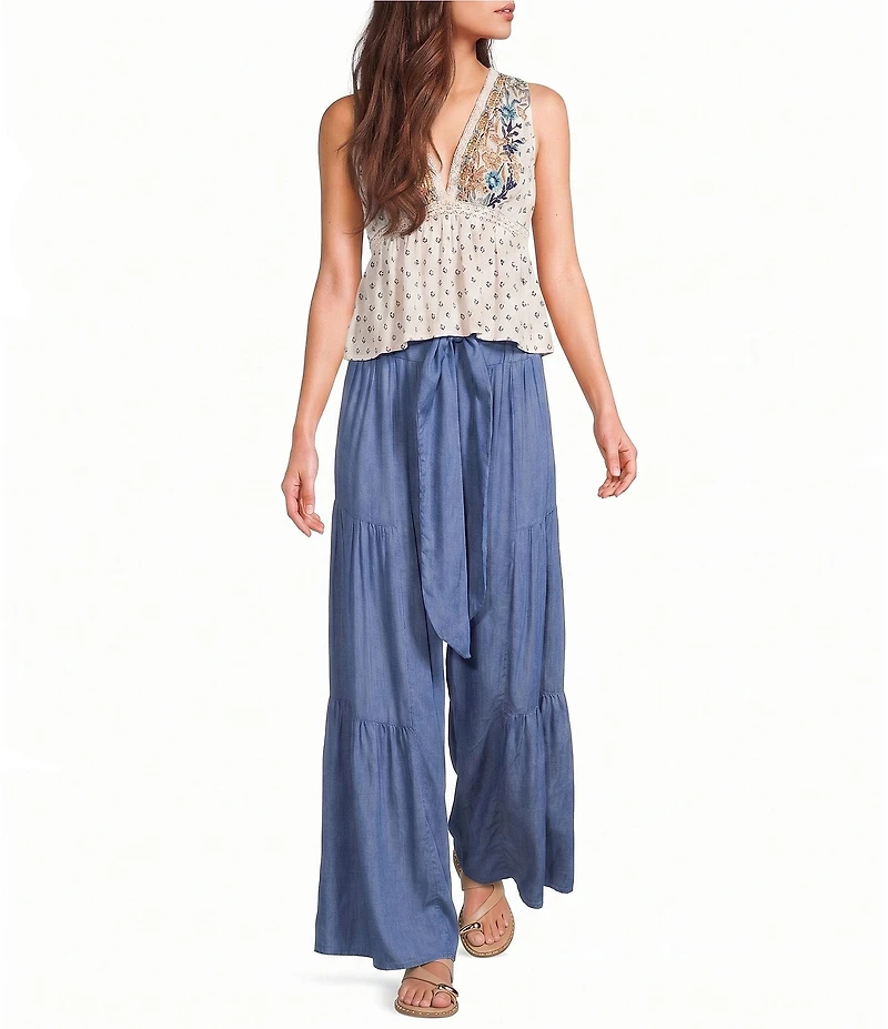 Angie Crochet Printed V-Neck Lace Trim Babydoll Top