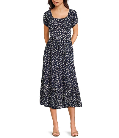 Angie Ditsy Floral Print Scoop Neck Short Puff Sleeve Ruffle Hem Midi Dress