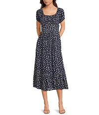 Angie Ditsy Floral Print Scoop Neck Short Puff Sleeve Ruffle Hem Midi Dress