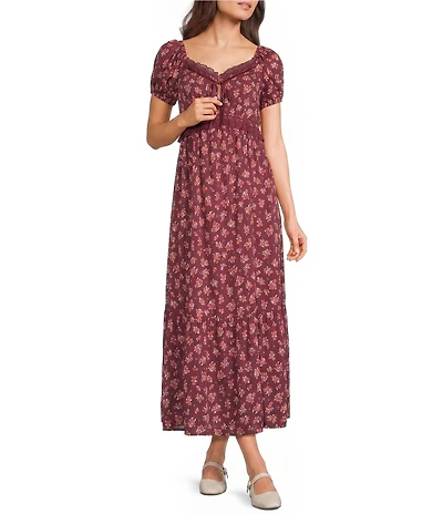 Angie Ditsy Floral Printed Short Sleeve Lace Trim Midi Dress