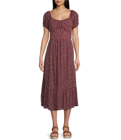 Angie Dot Print Scoop Neck Short Puff Sleeve Ruffle Hem Midi Dress