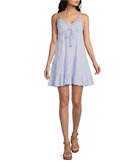 Angie Eyelet Tie Front Lace Trim Tiered Dress