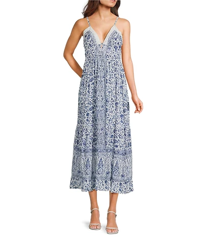 Angie Floral Border Printed Lace Trim Spaghetti Strap V-Neck Peek A Boo Tiered Maxi Dress