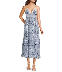 Angie Floral Border Printed Lace Trim Spaghetti Strap V-Neck Peek A Boo Tiered Maxi Dress