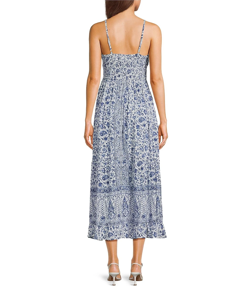 Angie Floral Border Printed Lace Trim Spaghetti Strap V-Neck Peek A Boo Tiered Maxi Dress