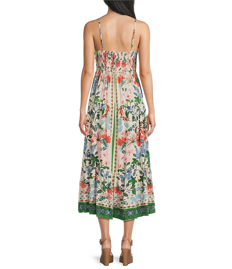 Angie Floral Border Printed Spaghetti Strap V-Neck Peek A Boo Tiered Maxi Dress