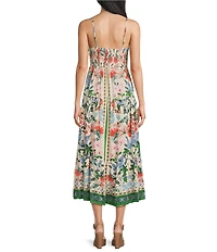 Angie Floral Border Printed Spaghetti Strap V-Neck Peek A Boo Tiered Maxi Dress