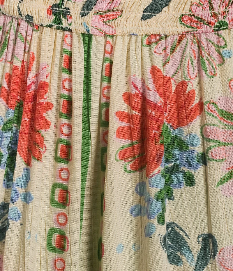 Angie Floral Border Printed Spaghetti Strap V-Neck Peek A Boo Tiered Maxi Dress