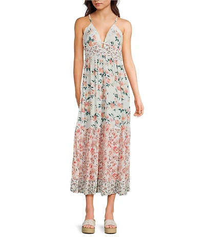 Angie Floral Mix Print Spaghetti Strap Lace Trim V-Neck Peek A Boo Tiered Maxi Dress