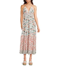 Angie Floral Mix Print Spaghetti Strap Lace Trim V-Neck Peek A Boo Tiered Maxi Dress