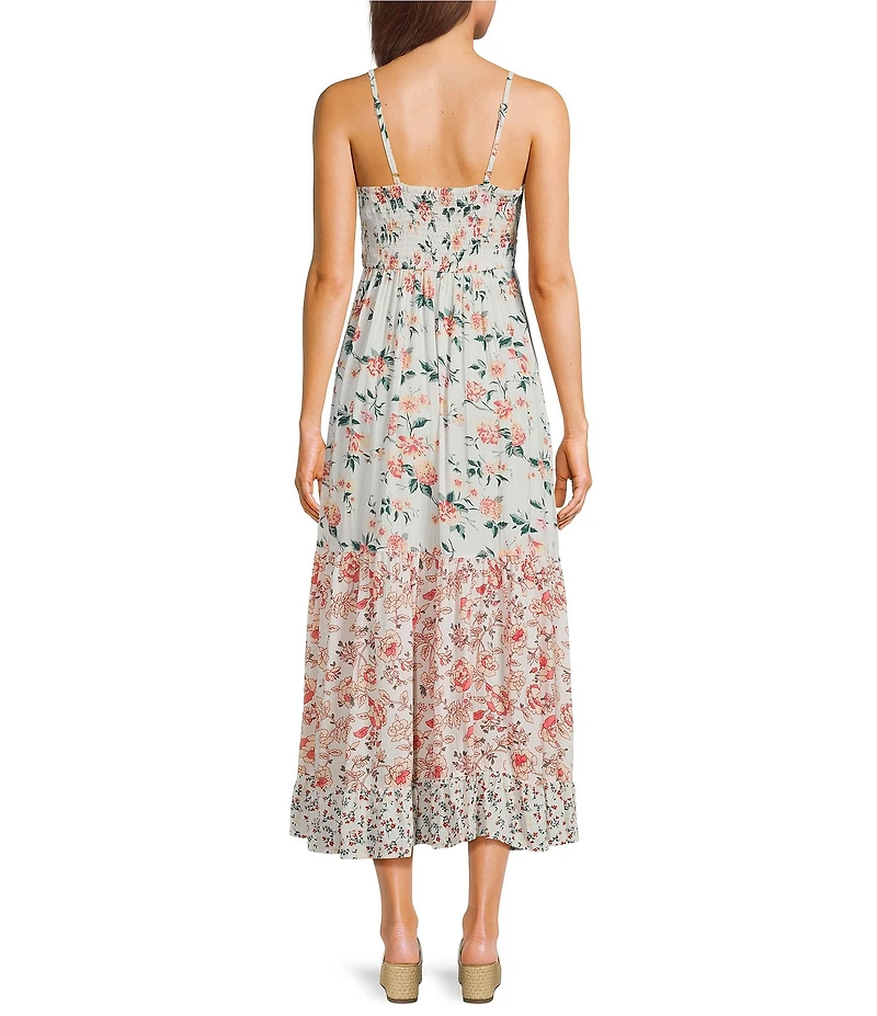 Angie Floral Mix Print Spaghetti Strap Lace Trim V-Neck Peek A Boo Tiered Maxi Dress