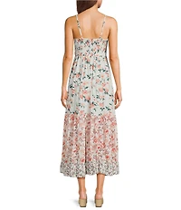 Angie Floral Mix Print Spaghetti Strap Lace Trim V-Neck Peek A Boo Tiered Maxi Dress