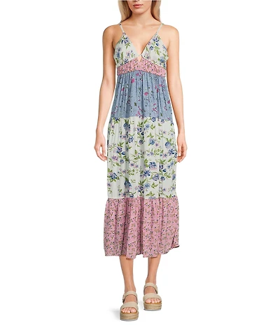 Angie Floral Mix Print Spaghetti Strap V-Neck Peek A Boo Tiered Maxi Dress