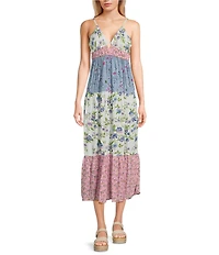 Angie Floral Mix Print Spaghetti Strap V-Neck Peek A Boo Tiered Maxi Dress