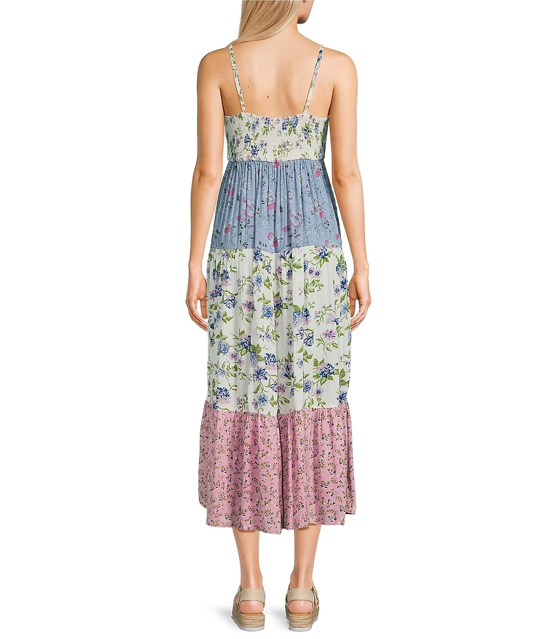 Angie Floral Mix Print Spaghetti Strap V-Neck Peek A Boo Tiered Maxi Dress