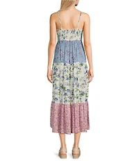 Angie Floral Mix Print Spaghetti Strap V-Neck Peek A Boo Tiered Maxi Dress