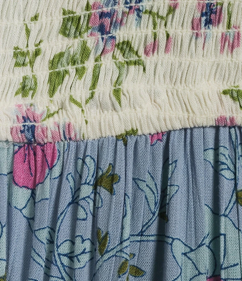 Angie Floral Mix Print Spaghetti Strap V-Neck Peek A Boo Tiered Maxi Dress