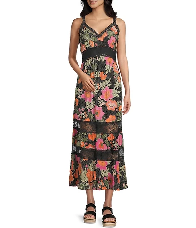 Angie Floral Print Lace Trim Tiered Maxi Dress