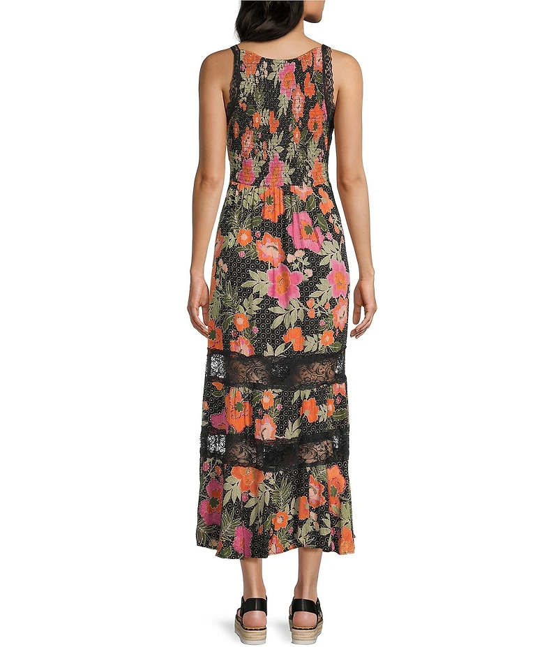 Angie Floral Print Lace Trim Tiered Maxi Dress