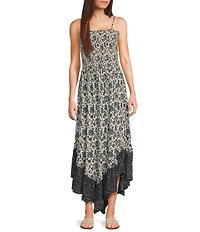 Angie Floral Print Smocked Bodice Spaghetti Strap High-Low Maxi Dress