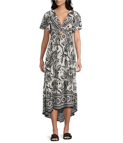 Angie Floral Printed Deep V-Neck Flutter Sleeve High Low Dress